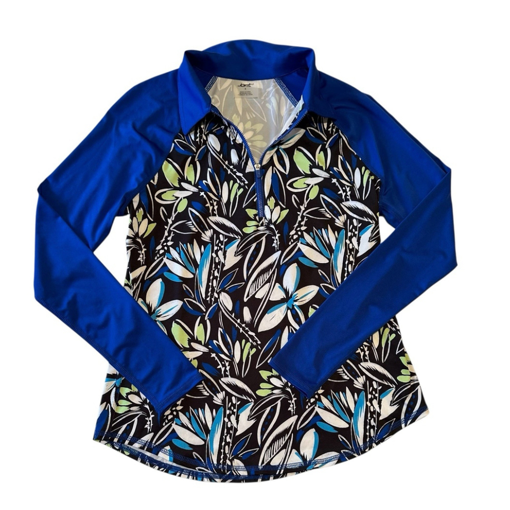 JOFIT Ladies Floral Golf Shirt Womens Small Long Sleeve Blue Activewear Zipper